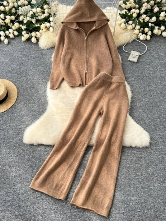 Amay Women 2 Piece Knitted Sweater Pantsuits Winter Fashion Korean Blouses Tops and Casual Pants Set Elegant Female Hoodies Outfits