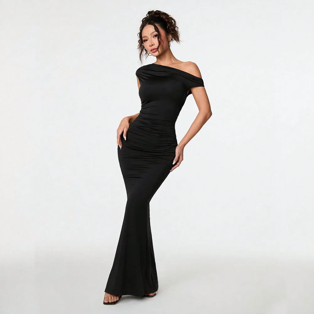 Elegant Black One Shoulder Mermaid Evening Gown Ruched Bodycon Floor Length Formal Party Dresses for Women Wedding Prom Cocktail