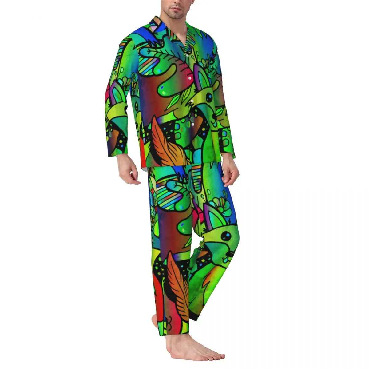 Maxy Cute Fox Print Pajama Sets Funny Christmas Kawaii Sleepwear Man Long Sleeve Loose Leisure 2 Pieces Nightwear Big Size XL 2XL