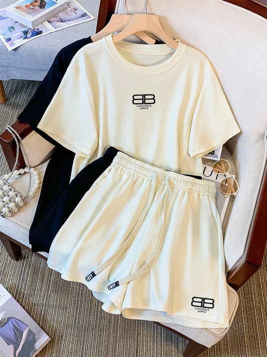 Summer Fashion Casual Tracksuit Female 2024 Loose Streetwear Short Sleeved T Shirt+Lace-Up Wide Leg Shorts 2 Piece Women Outfit