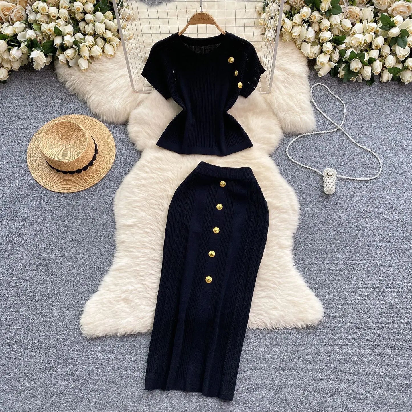 Maxy Skirt Set Women Two Piece Sets Dress Sets Short Sleeve Knitted Tops High Waist Long Skirts Elegant Splice Y2k Streetwear Work