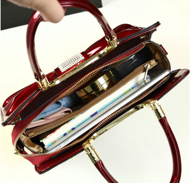 Maxy Women Luxury Designer Glossy Leather Evening Handbags Ladies Casual Crossbody Shoulder Bag Fashion Diamond Bow Tie Totes