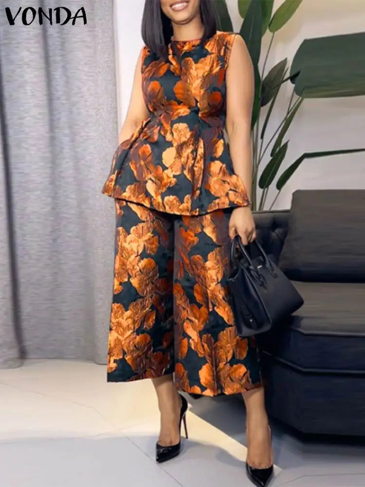Maxy Plus Size 5XL VONDA Summer Pant Sets Women 2pcs Suits Printed Sleeveless Tops and Elastic Waist Wide Leg Pants Sets Oversized