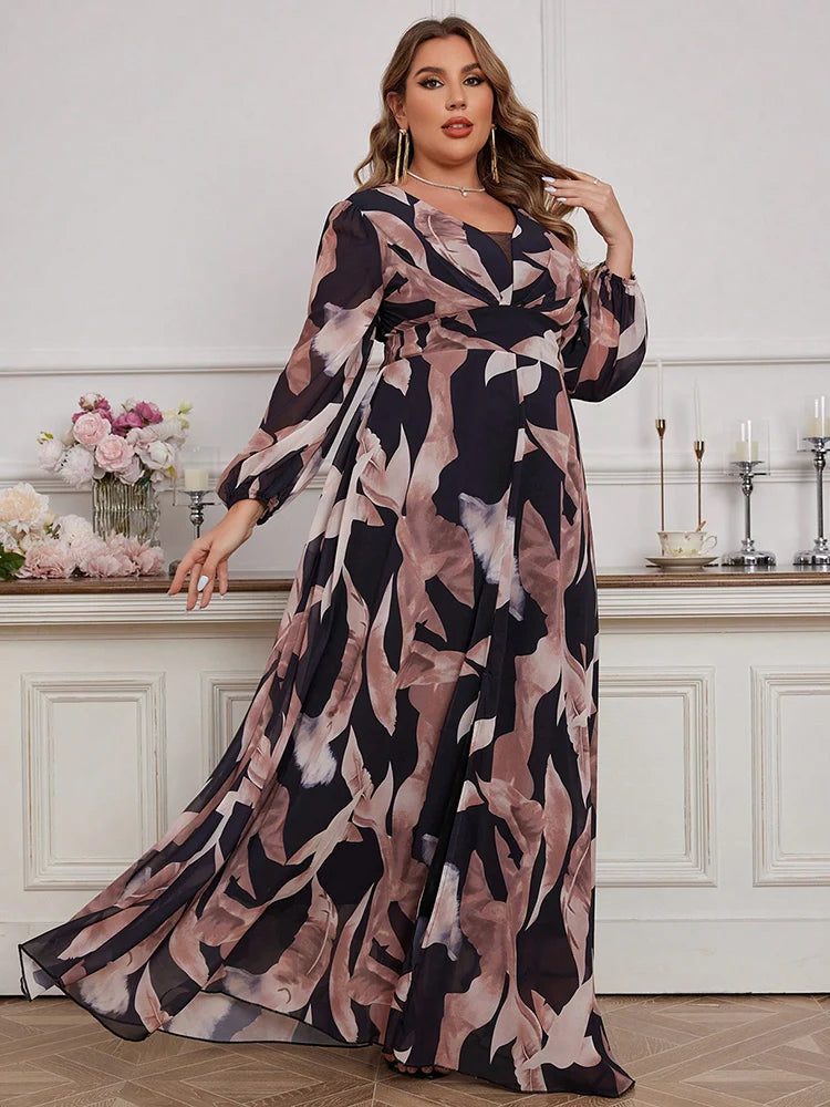 Maxy-Floral Print Lantern Sleeve Dress for Women, Casual Elegant Split Thigh Dress, Spring and Summer Clothing, Plus Size