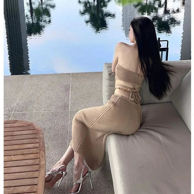 Maxy Temperament Knit Hanging Neck Tank Top Wrap Hip Skirt Two Piece Set Women Lace Up Backless Collarbone Spicy Solid Banquet Wear
