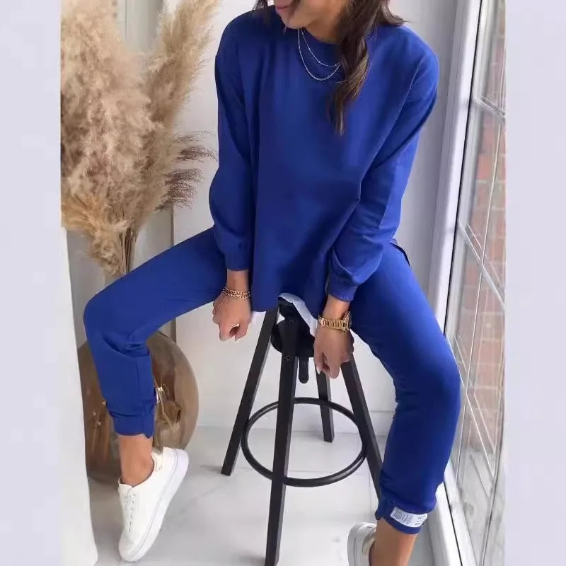 Maxy New Autumn Patchwork Loose TwoPiece Set Women's Fashion Long Sleeve Pullover Suit Casual Hoodie Sports Pencil Pants Outfits