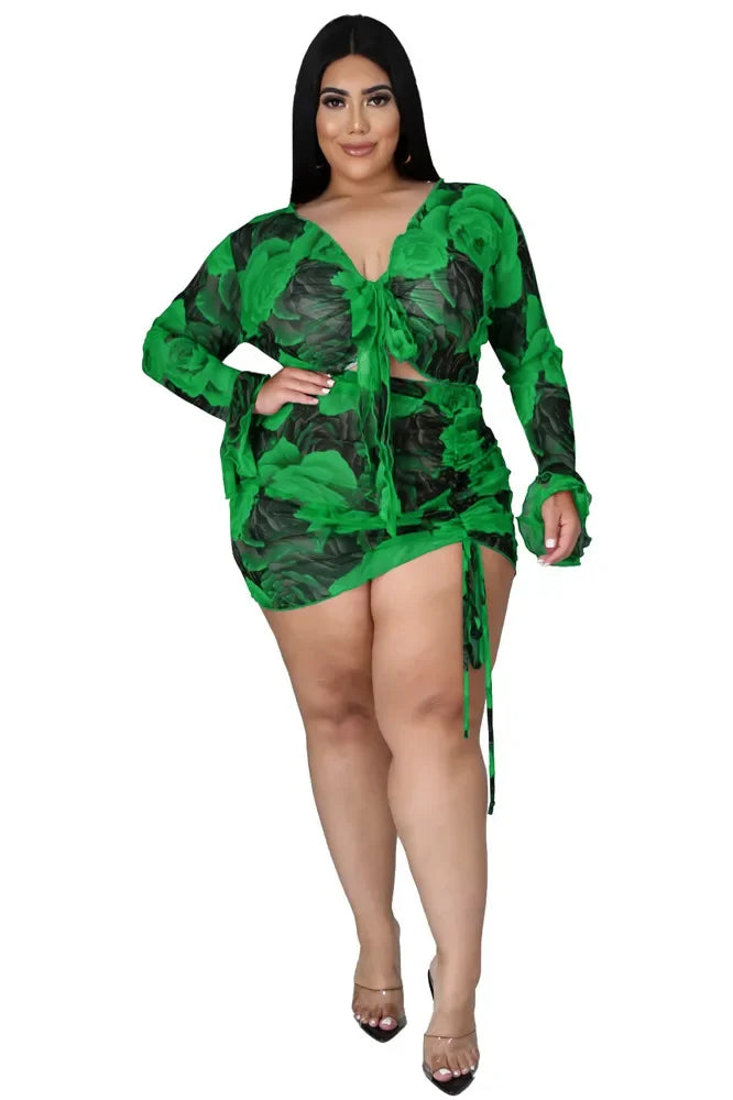 Wmstar Plus Size Women's Clothing 3xl 4xl Mesh Dress Sets Two Piece Set Bandage Short Skirts Printed Wholesale Dropshipping 2024