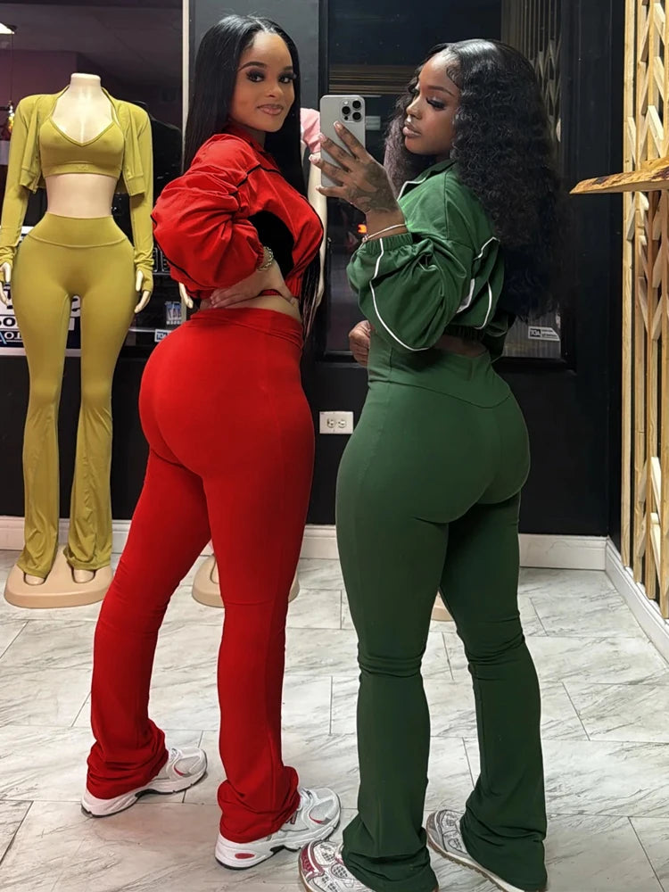 Maxy Trendy Women Clothes Contrast Color Tracksuit Zip Crop Jacket and High Waist Flare Pants Suit Sports Gym 2 Two Piece Set