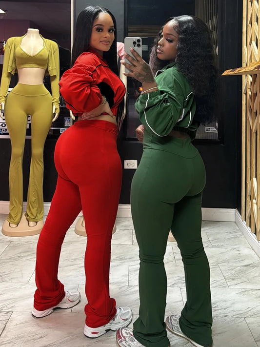 Maxy Trendy Women Clothes Contrast Color Tracksuit Zip Crop Jacket and High Waist Flare Pants Suit Sports Gym 2 Two Piece Set