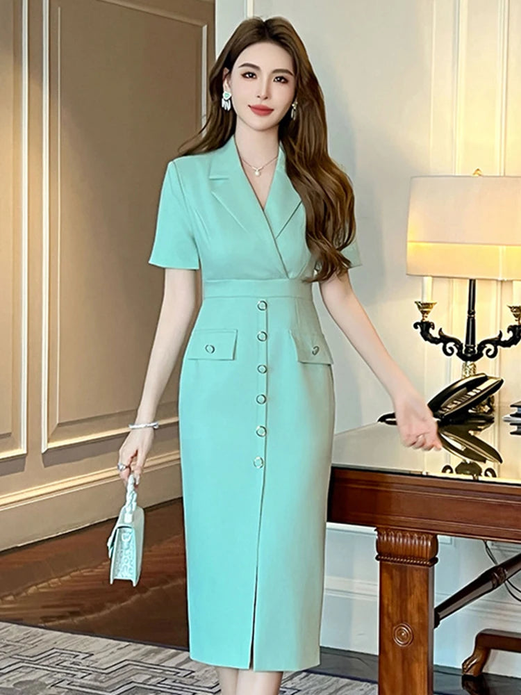 Summer Fashion Solid Simple Business Formal Dress Women Clothes Mujer Elegant Office Classic Short Sleeve Slim Slit Midi Vestido