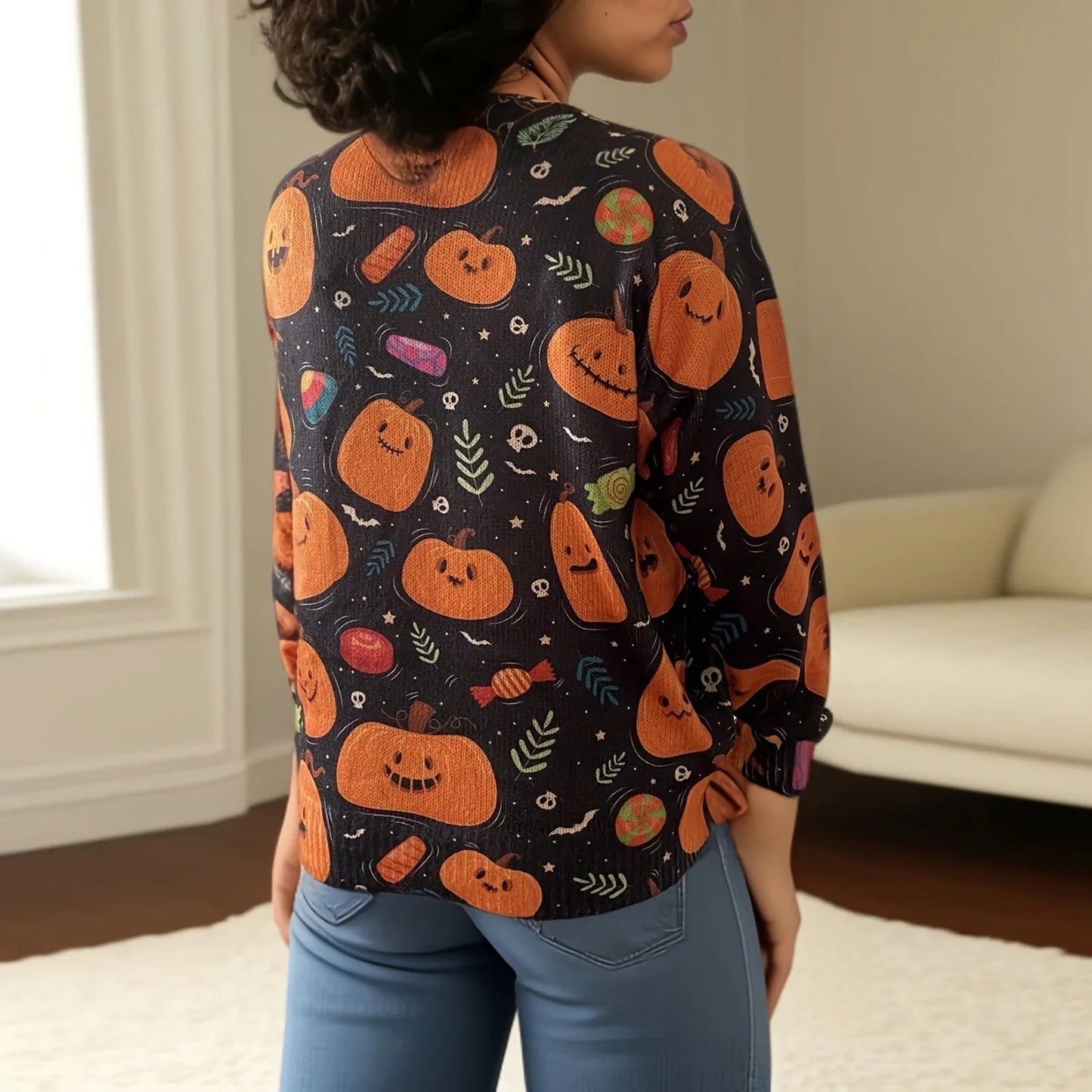 Women's Halloween Pumpkin Print Playful Long Sleeve Pullover Sweater New Season Casual Loose Fit Boys Dressy Sweater Year