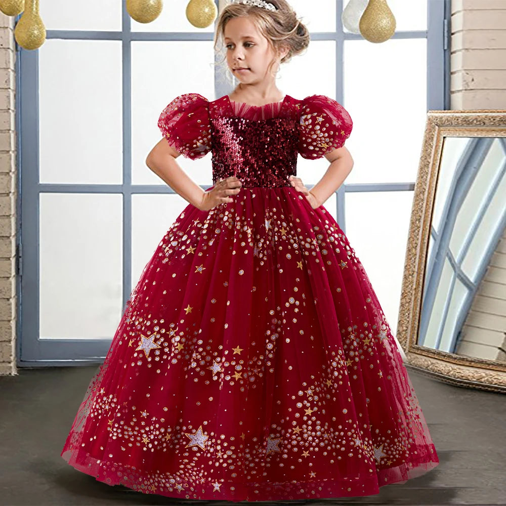 Christmas Formal Occasion Children's Long Sequined Princess Dress Pageant Girl Host Gala Evening Ceremony Performance Costumes