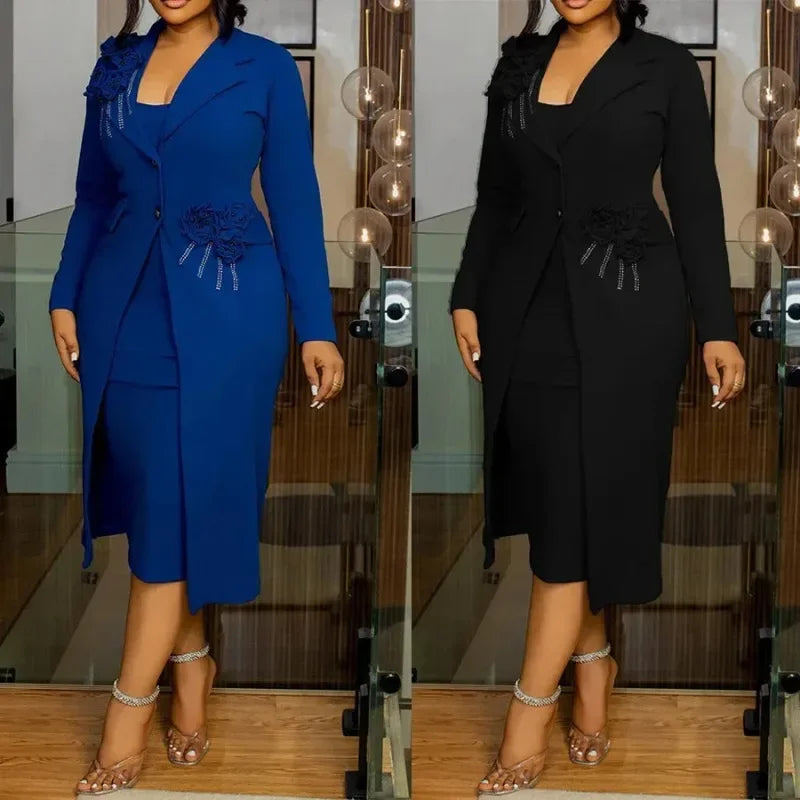 Maxy 2 Piece Blazer Sleeveless Dress Sets Dresses for Women Elegant Outfits Africa Clothes Office Lady Dashiki Ankara