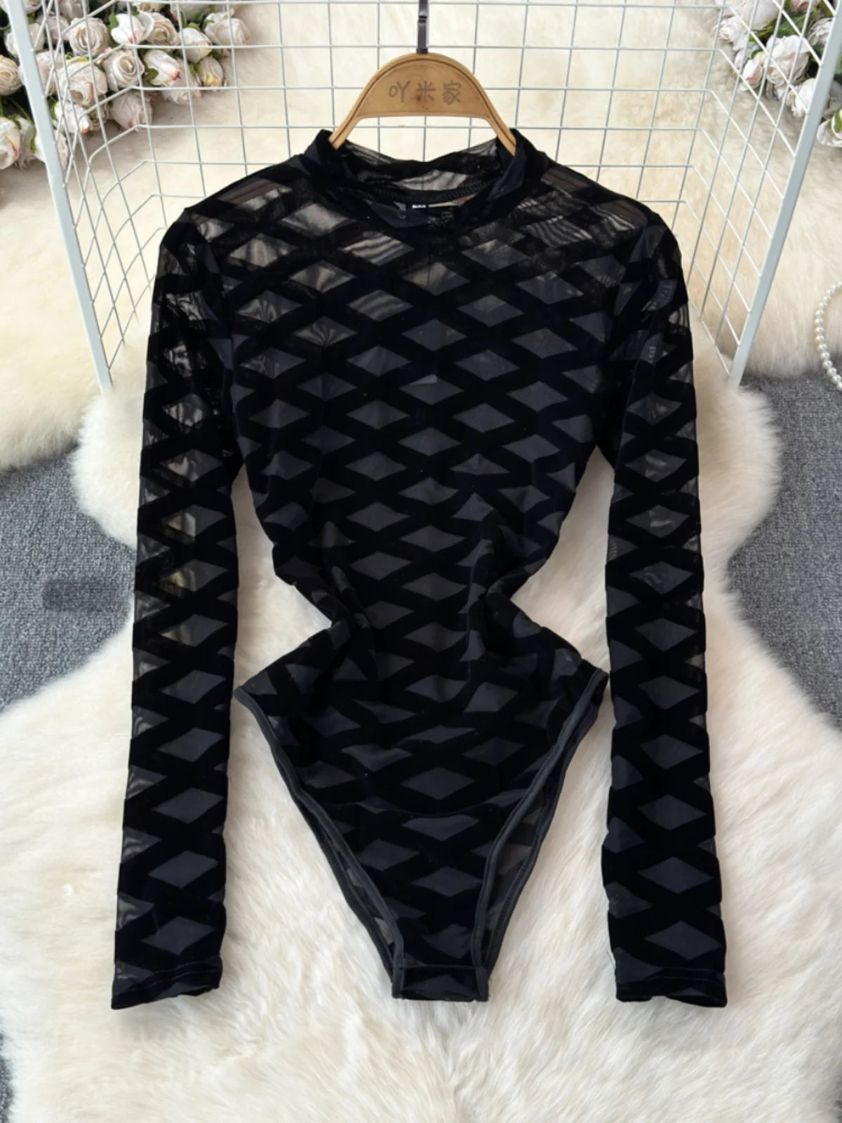 Maxy Foramina Bodysuits Women Fashion Hollow Out Mesh Long Sleeve Stand Collar Plaid Pattern Slim Waist Bodycon Night Club Body Tops