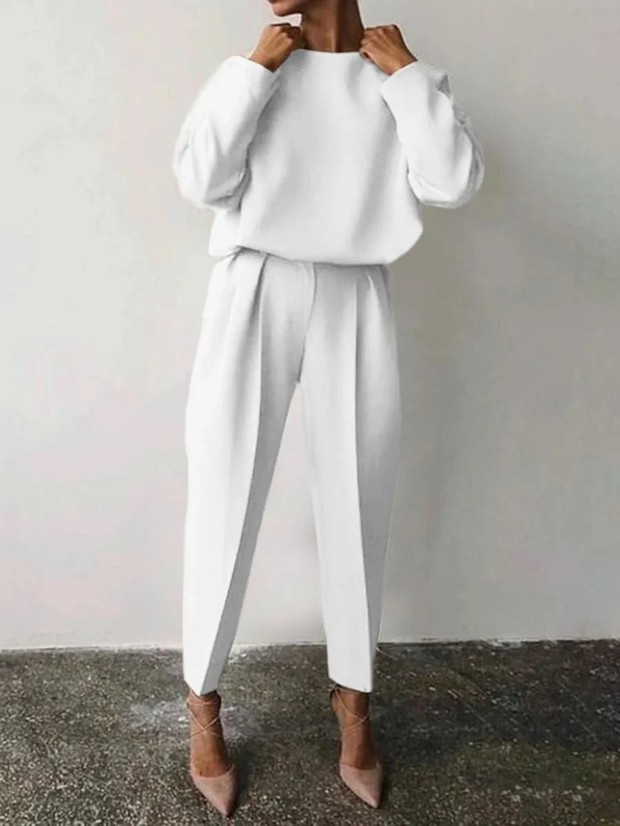 Maxy Fashion Long Sleeve Solid Pant Sets Women Spring Autumn Casual Office Ladies Two Piece Set Elegant Outfit 2 Piece Female