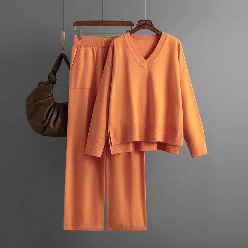 Macy Knit Sweater 2 Pieces Sets Women Loose V-neck American Tops Conjuntos Waist Ankle Length Wide Leg Pants Tracksuit E1136