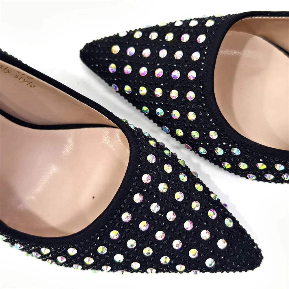 Maxy Venus Chan High Heels with Bag, Elegant Pointed Toe for Party, African Black Shiny Rhinestone Shoes Set of Italian 2024