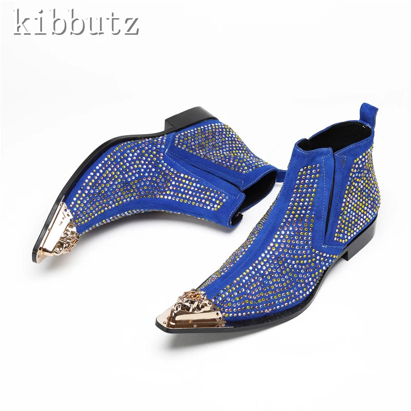 Maxy Fashion Rhinestones Suede Leather Ankle Boots Men New Luxury Metal Toe Chelsea Boots Male Party Dress Shoes