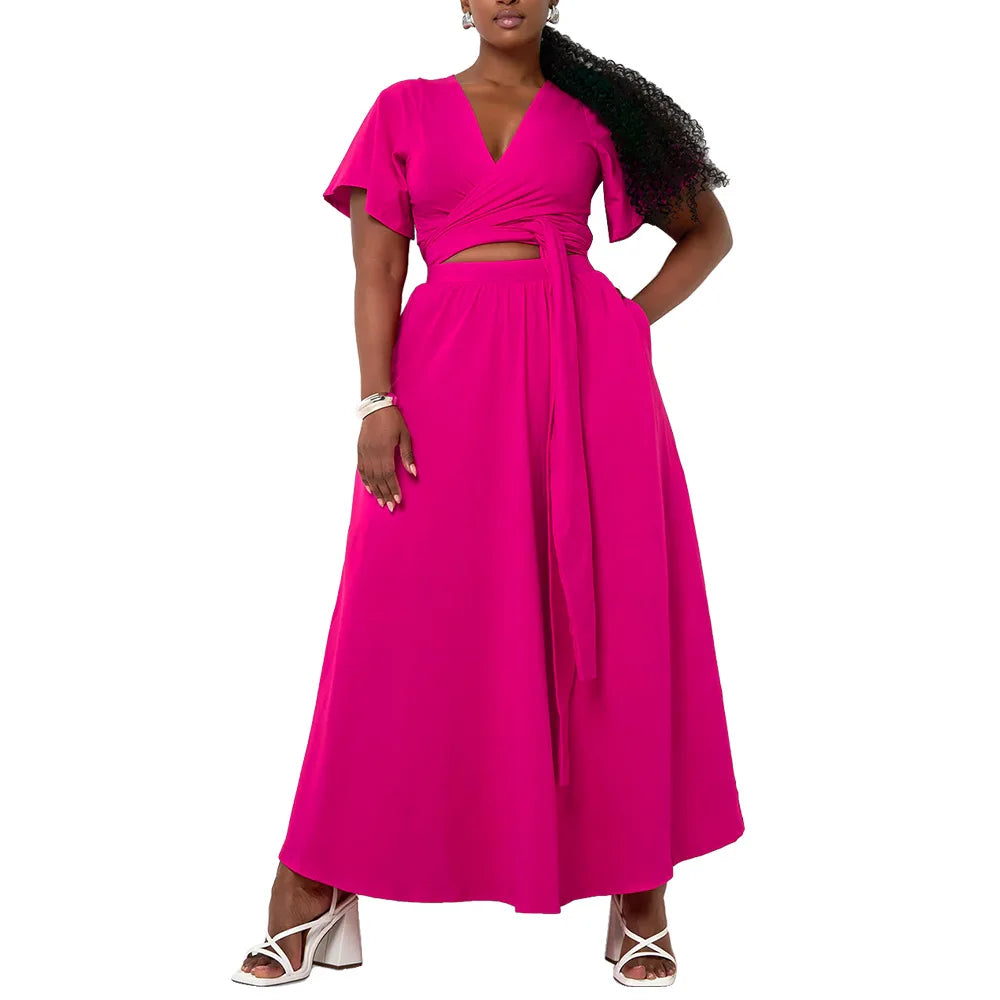 Maxy Two Piece Set Plus Size Clothes Spring Summer V-Neck Short Sleeve Top Maxy Skirt Women Sets Streetwear Casual Office Lady Suit