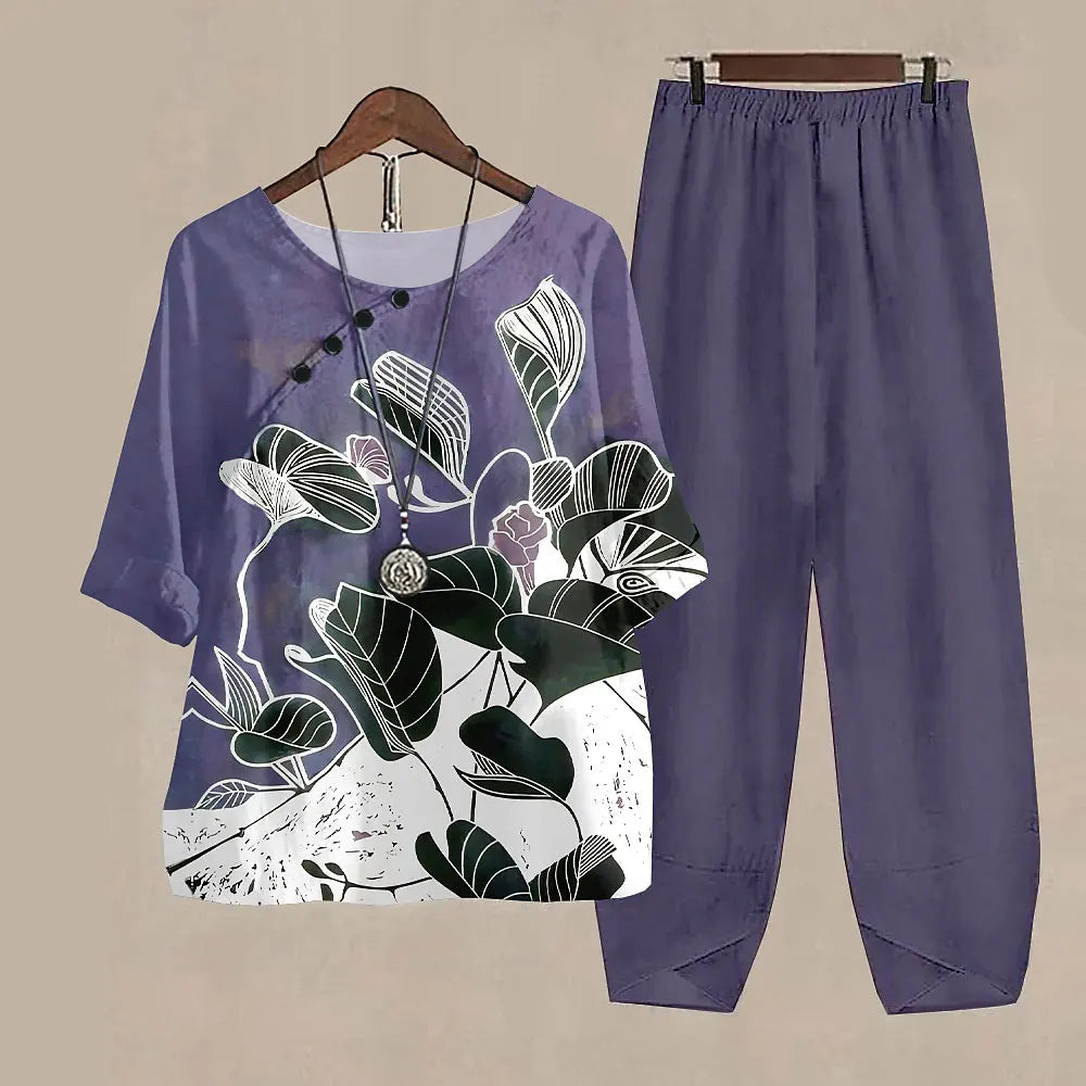 Maxy Leaf Printing Women O Neck Short Sleeve Suit Elegant High Waist Pants Fashion Top&Pants Set Casual Outfits Two Piece Sets Summer