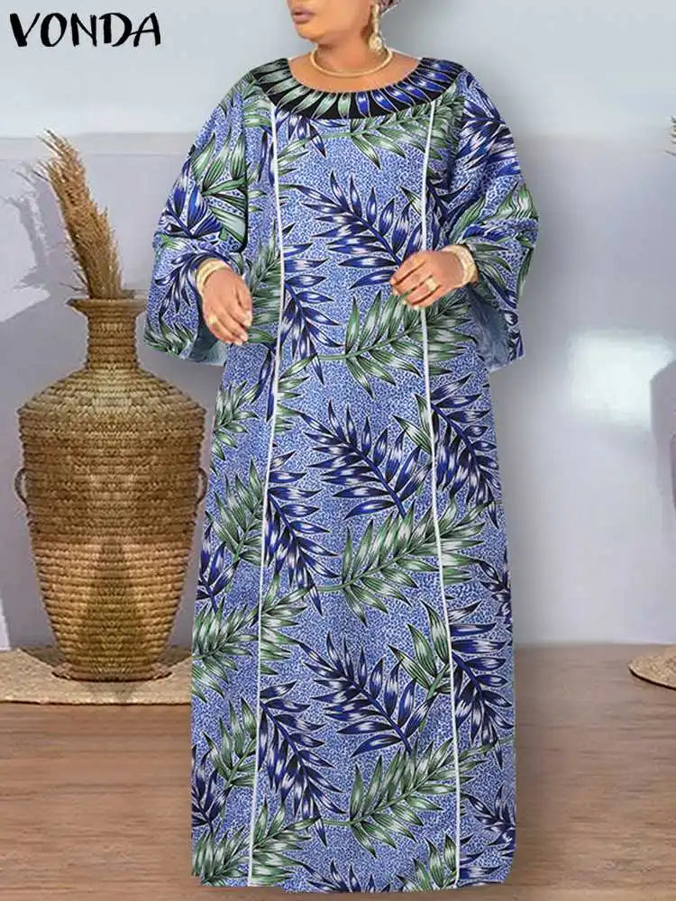 Maxy Plus Size 5XL Women Bohemian Printed Maxy Dress Long Sundress Long Flare Sleeve Casual Loose Elegant Party Vestido Robe