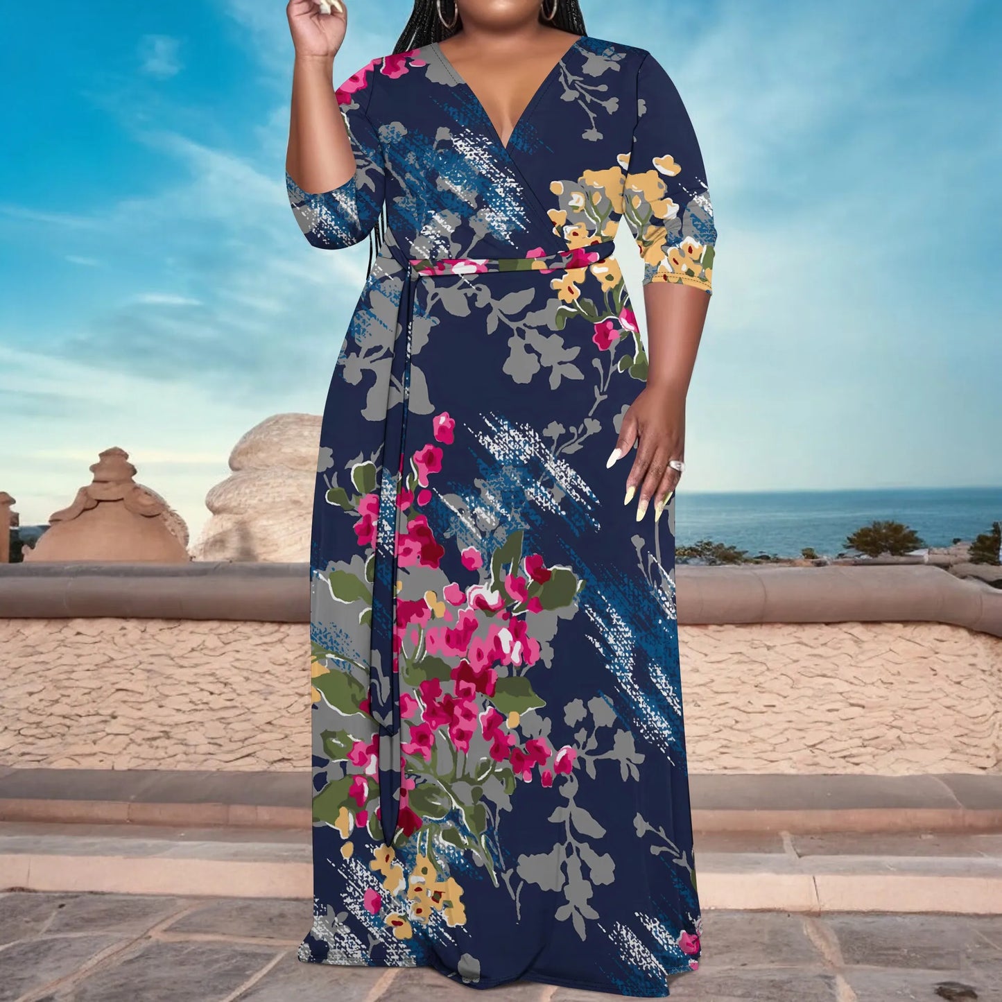 Maxy Plus Size Women's V-Neck Half Sleeve Abstract Floral Maxy Dress Elegant Summer Vacation Dress