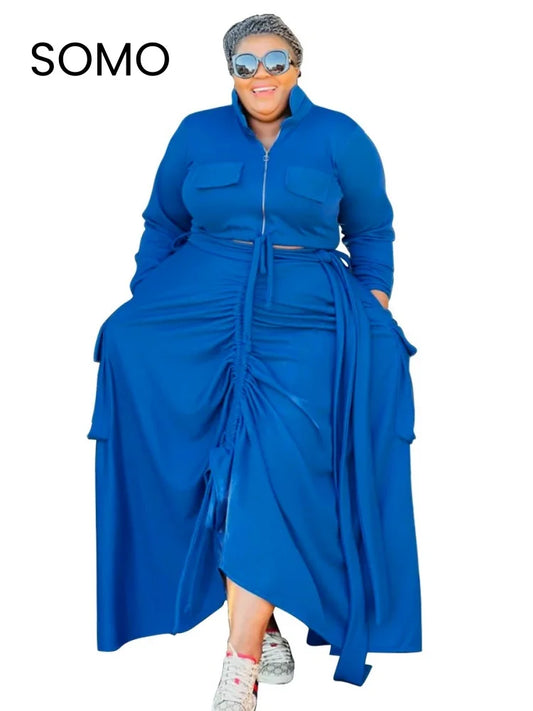 Maxy Plus Size Women 2 Piece Set Solid Color Splice Drawstring Casual Long Sleeve Coat Lapel Zipper Dress Suit