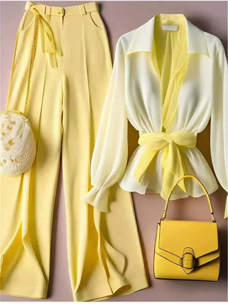 Amay Yellow Tailored Trousers Loose Pants Suit Womens Two Piece Sets Vintage Perspective Shirt Autumn Blouse Sleeve Korean Top