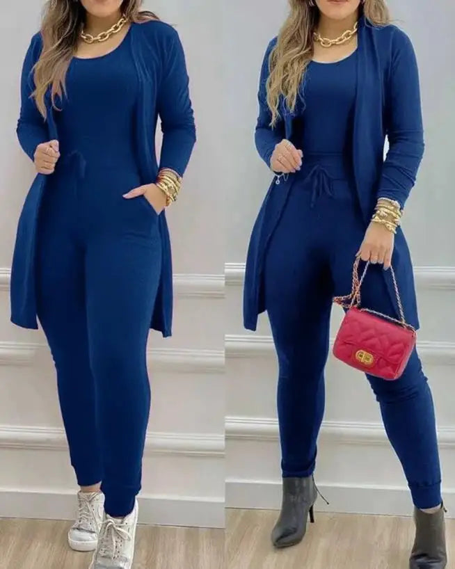 Maxy Womens Two Piece Sets Outfit Sleeveless Jumpsuit & Pocket Design Longline Coat 2023 Autumn Winter Spring New Fashion Casual