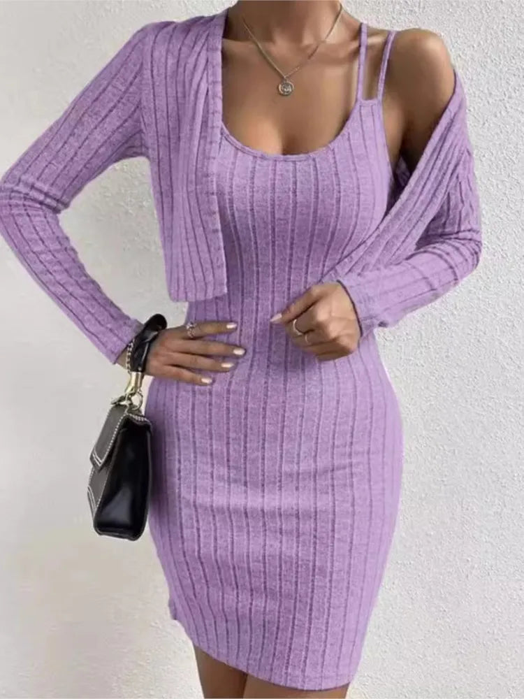 Maxy Fashion Women Slim Mini Dress 2 Piece Sets Autumn Ribbed Double Strap Bodycon Sleeveless Vest Dress + Long Sleeve Cardigan Set