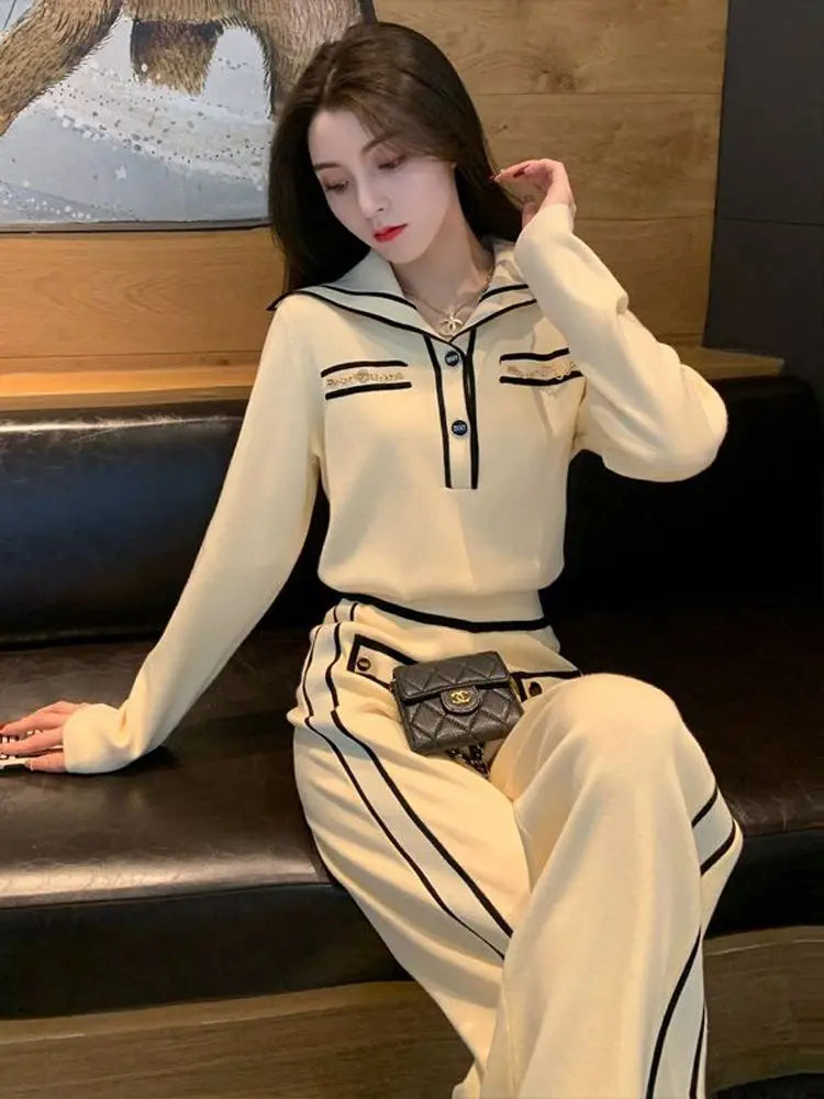 Amay Fashion Suit Women's Autumn and Winter New Style Western-style Age Reducing Navy Collar Top Long Pants Two-piece Set
