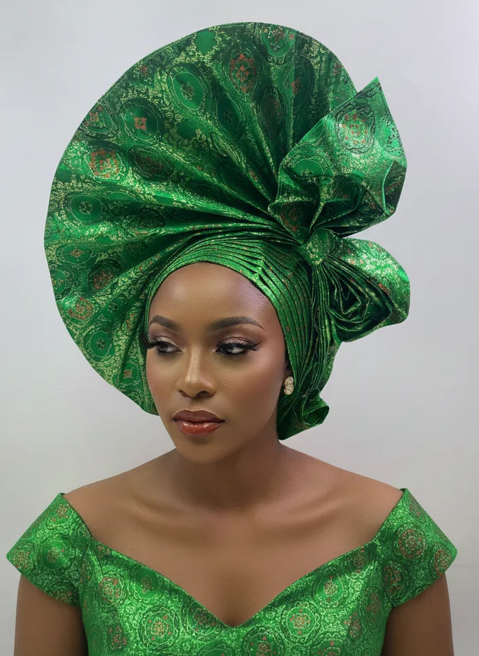 Maxy Head tie Gold Sego Head Wrap Handmade Luxury African Gele Turban, Women’s Party Wedding Head Wear
