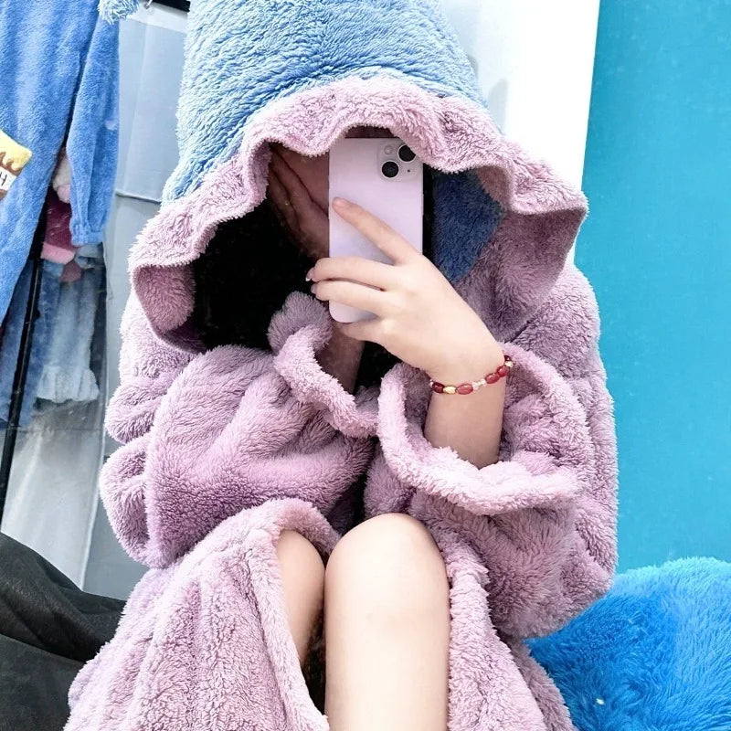 Maxy Ruffles Robe Women Sleepwear Hooded Nightdress Winter Fleece Pajama Night Wears Warm One Piece Nightgown Button Homewear