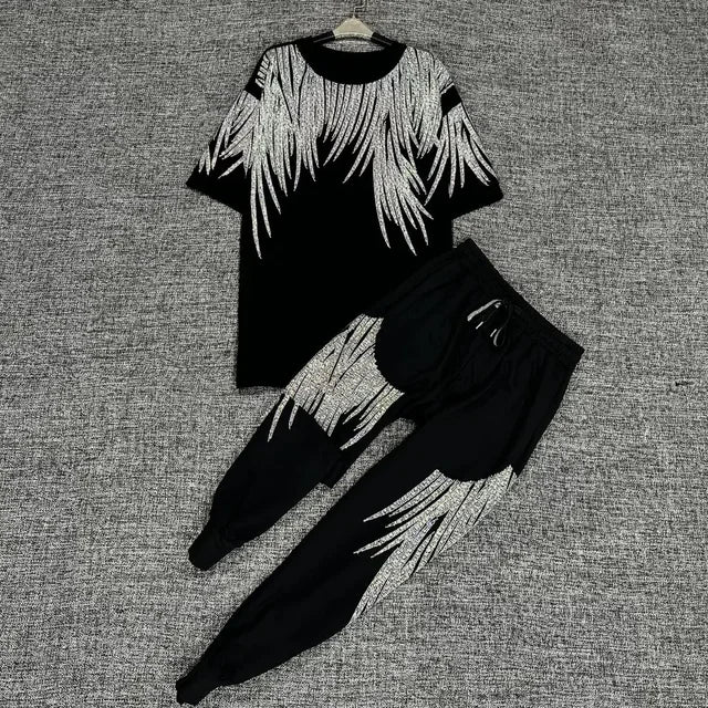 Maxy Fashion Two Piece Set with Diamond Graphic Black 2 Piece Sets Women's Outfits Summer Luxury Clothes Women Streetwear