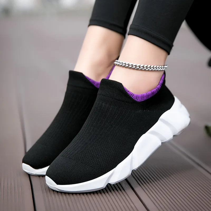 Maxy New Pink Women's Casual Sneakers Large Size 36-42 Comfort Breathable Socks Shoes For Women Slip-On Platform Loafer Shoes Womens