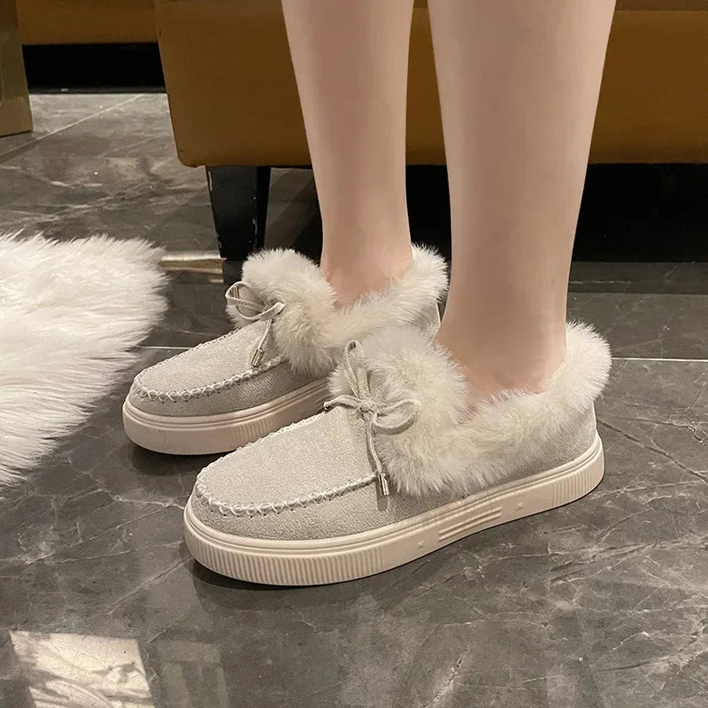 Maxy Winter Women's Cotton Flat Shoes Moccasins Femme Warm Plush Loafers Comfy Fur Flats Woman Large Size 35-43 Platform Furry Boots