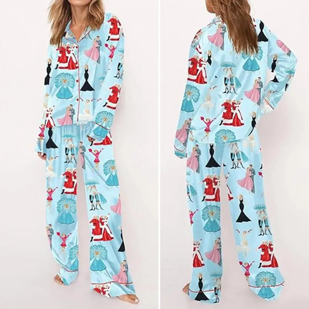 Women Long Sleeve Pajama Set Women Lapel Notch Collar Pajamas Colorful Christmas Pajamas Set with Satin for Women for Holidays