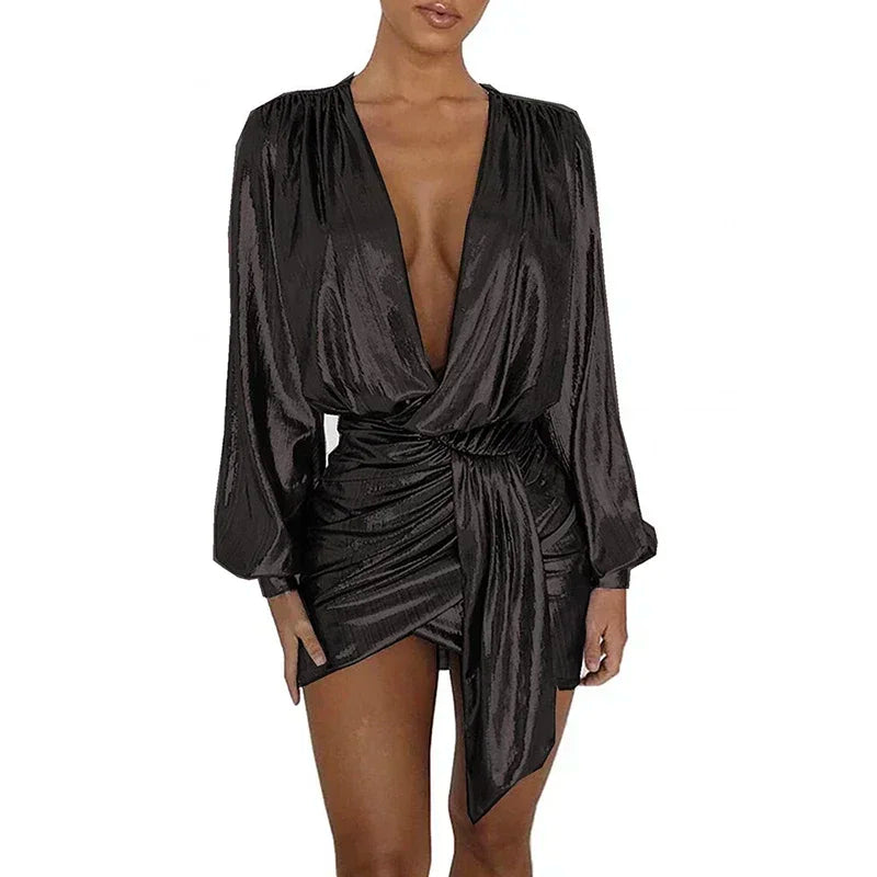 Maxy Plus Size Elegant Deep V-neck Long Sleeve Shiny Metallic Dress Women Evening Irregular Bodycon Mini Dress Vintage Ball Gowns