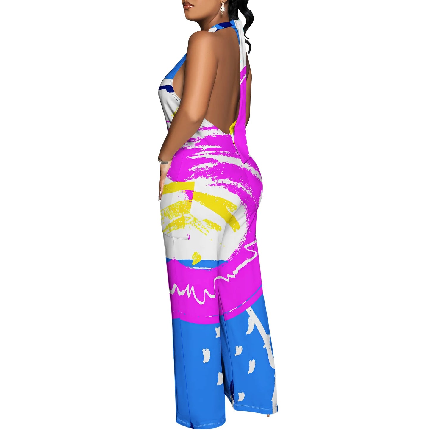 Maxy Bold Abstract Brushstroke Halter V-Neck Maxy Dress - Women's Modern Artsy Party Resortwear Evening Beachwear