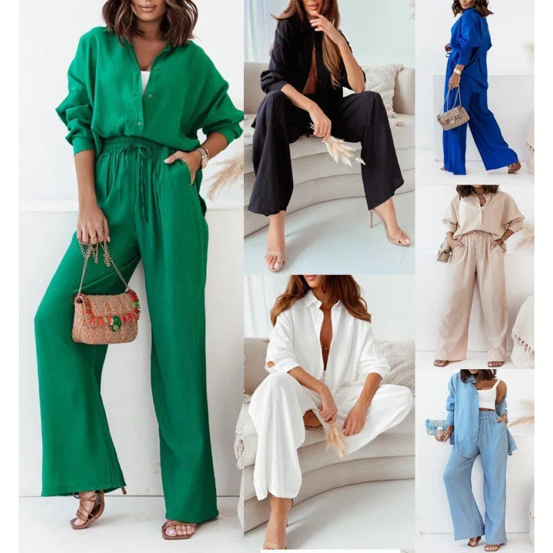 Maxy Wide Leg Pants Set Two Piece Set Women Vintage Maxi Shirt Suit Stylish Set Casual Loose Work Streetwear Y2k Holiday Outfits