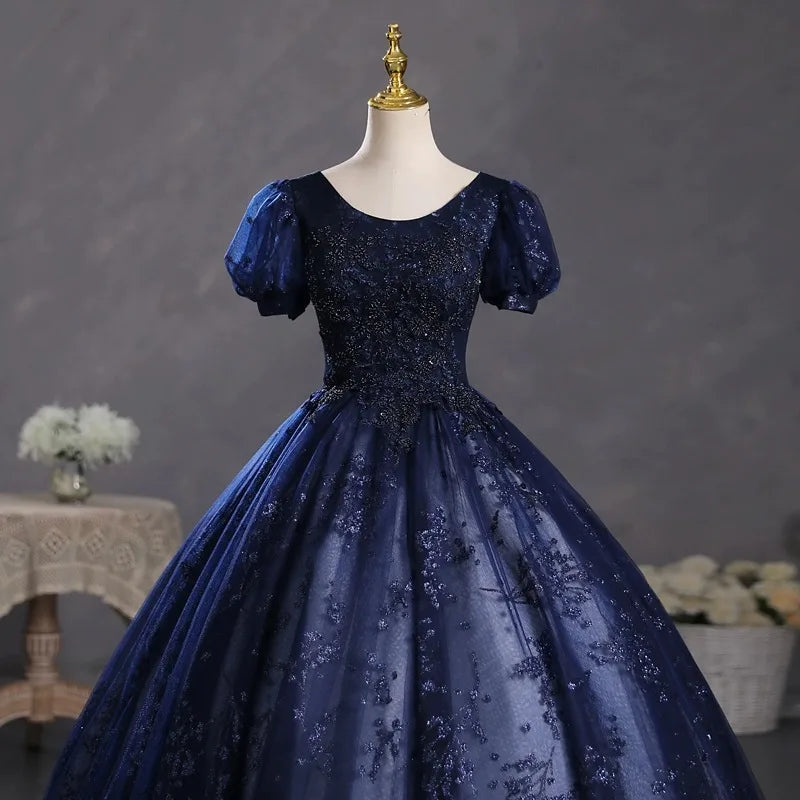 Maxy new Navy Blue Bubble Sleeve Dress, Student Art Exam Vocal Performance Dress, Fluffy Dress, Annual Meeting Host Evening Dress