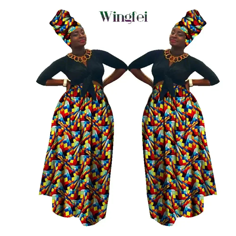 Dashiki African High Waist Ball Grown Skirt Bazin Riche African Skirt and African Headscarf 2 Pieces Lady Maxi Long Skirt WY1270