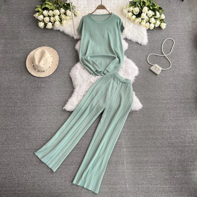 Maxy Fashion Pants Suit Women Korean-style Loose O Neck Knitted T-shirts Tops High Waist Straight Wide-leg Pants Women Two-piece Sets