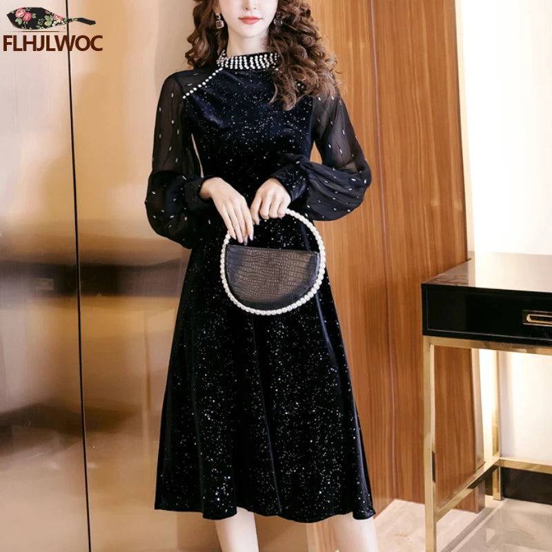 Maxy New Year Retro Vintage French Design Dresses Women Bead Bling Evening Party Elegant Annual Meeting Slim Black Velvet Dress Long