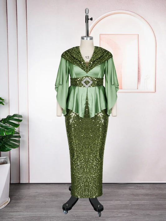 Maxy Elegant African Party Dress for Women plus Size Dashiki Sequin Bodycon Long Gown with Slit Turkish Muslim Wedding Evening Wear