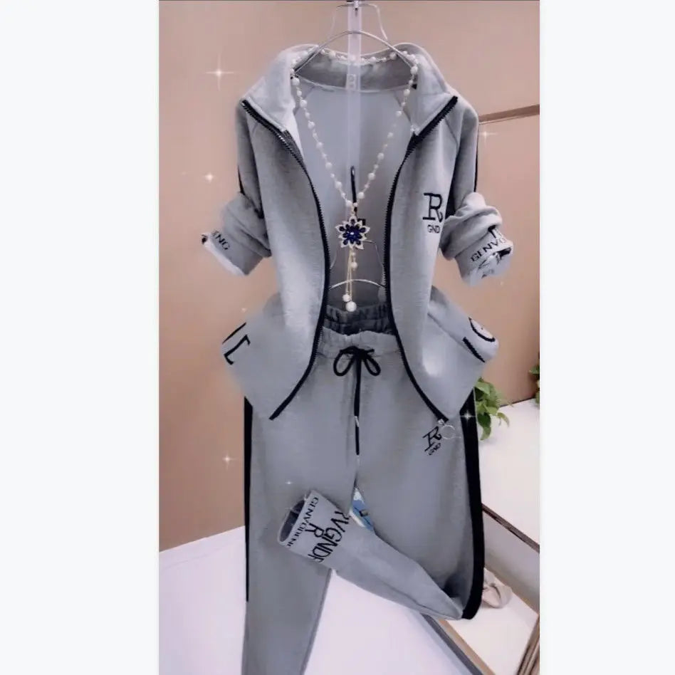 Maxy Leisure Sports Printed Long Sleeve Women's Suit Spring and Autumn New Stand Collar Zipper Cardigan Two-piece Set