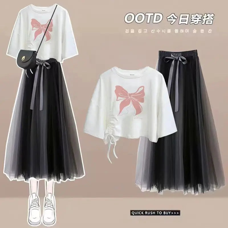 Maxy Summer New Korean Elegant Cute Short Sleeved T-shirt+Mesh Midi Skirt Two Piece Suit Women's Loose Top Dress Matching Set