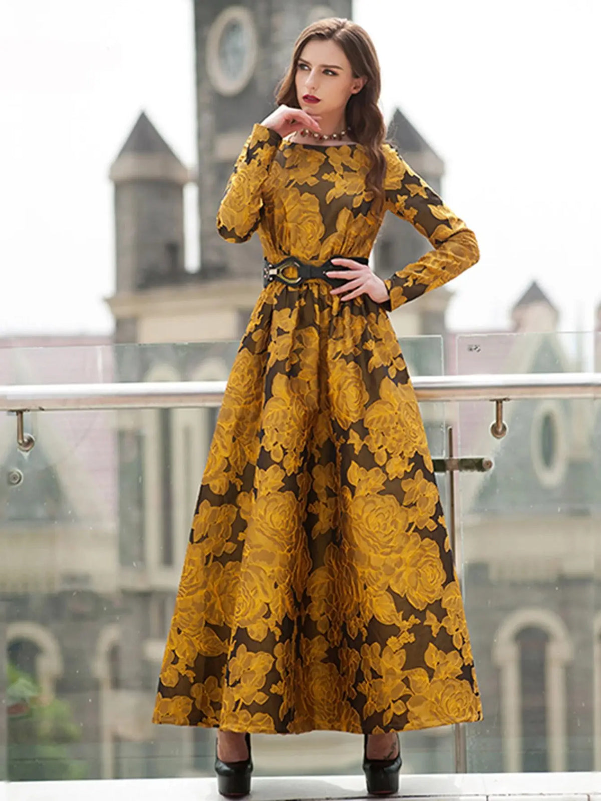 Maxy Elegant Women Floral Long Dress Jacquard Evening Party Boho Fall Winter Vintage Dress Ladies A-Line Robe