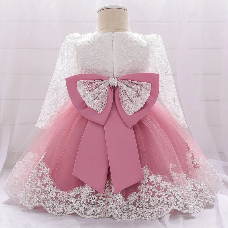 Maxy Baby Girl Baptism Newborn Photography Clothing Toddler Birthday Summer Dress Kids Christening Long Sleeve Lace Bow Ball Gown