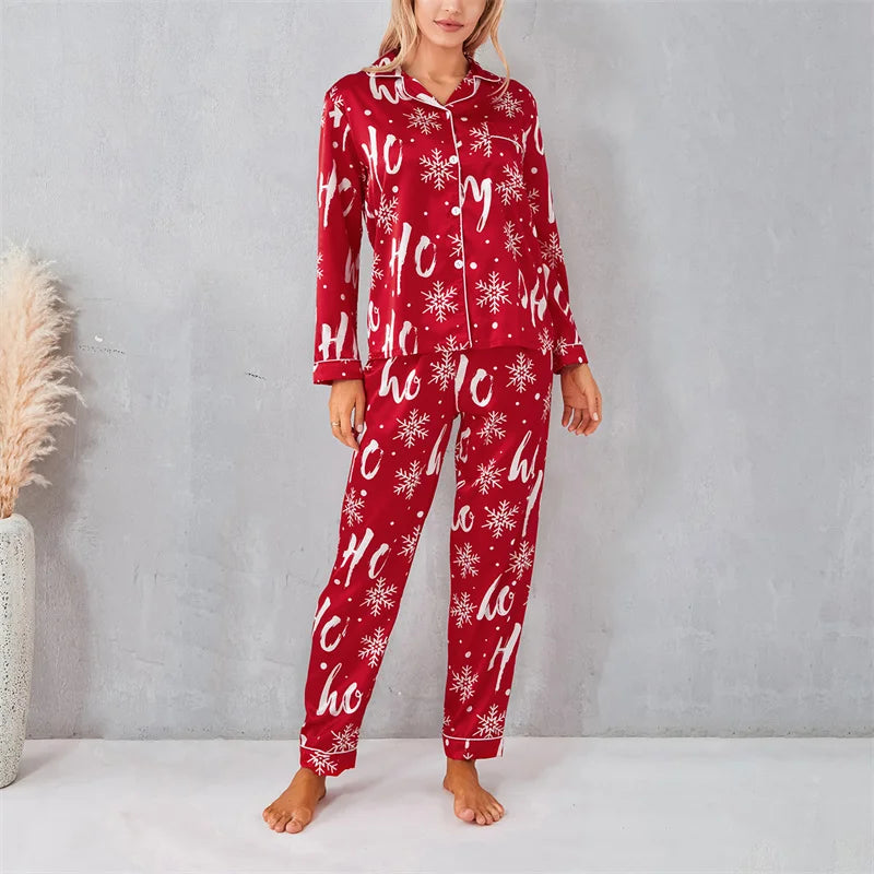 Maxy Autumn Women Pajamas Set Print Christmas Sleepwear 2Pcs Red Buttons Lapel Neck Shirt Tops + Elastic Waist Pants Sets Loungewear